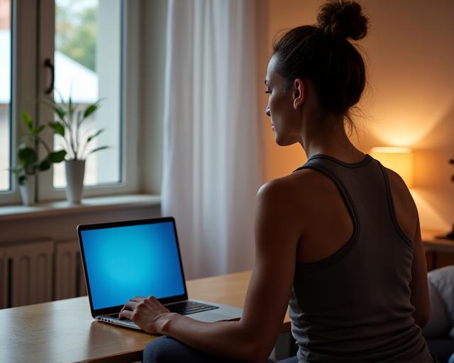 Person trainiert zu Hause mit Laptop und Online Coach